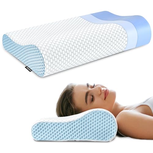 Neck Pillow Contour Memory Foam Pillows for Pain Relief Bed Pillow for Sleeping, Ergonomic Pillow for Neck and Shoulder Pain, Orthopedic Cervical Pillow for Side Back Stomach Sleeper(White&Blue) - color: White&blue
