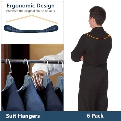 Suit Hangers for Men 6 Pack, Blue Coat Hangers Extra Wide Non Slip Width 17.7", Thick Plastic with Pants Bar & Metal Hook - color: Blue, size: 6 Pack