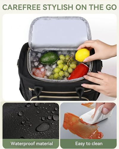 HOMESPON Insulated Lunch Bag Women Wide Opening Adult Lunch Box Large Leakproof Cooler Bag for Work Picnic Beach Family College Lunch Teacher Tote Bag with Adjustable Shoulder Strap Cup Holder(Black) - color: Black