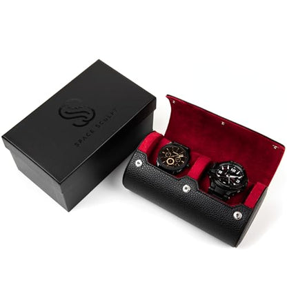 2 Watch Travel Case for Men – Leather Roll Organizer & Storage Box, Fits Watches up to 55mm | Removable Cushions | Gift Ready (Black/Wine) - color: Ink Black / Wine