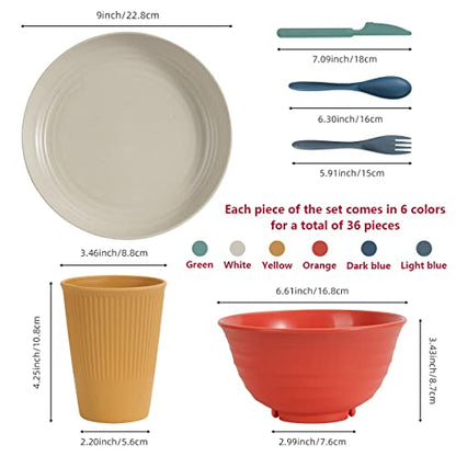 Wheat Straw Dinnerware Sets 36 Piece Unbreakable Dinnerware Sets, Reusable Wheat Straw Plates and Bowls Sets, Travel Camping Cutlery Set, Dishwasher Microwave Safe Dinnerware Colourful