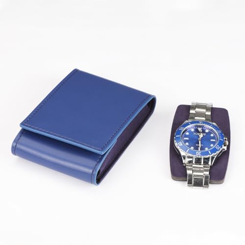 Travel Watch Case - Leather Watch Pouch with Velvet Lining, Single Case, Unisex | Business Travel and Office Christmas Gift (Blue) - color: blue, size: Square shape