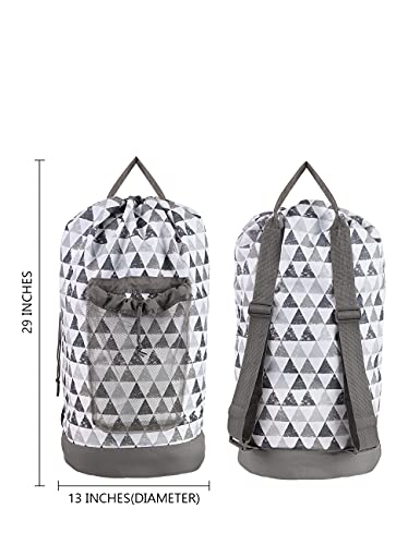 Dalykate Backpack Laundry Bag, Laundry Backpack with Shoulder Straps and Mesh Pocket Durable Nylon Clothes Hamper Bag with Drawstring Closure for College, Travel, Laundromat, Apartment - color: Triangle Grey