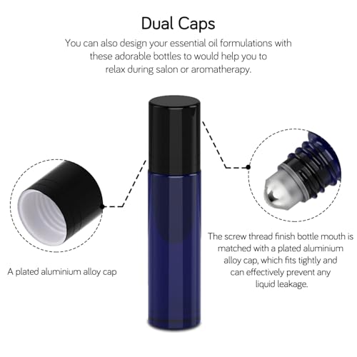 PrettyCare 60 Pack, Bulk 10 ml Essential Oil Roller Bottles with Stainless Steel Roller Ball - Bulk Refillable Leak-proof Empty Thick Blue Glass Roll on Bottles with Black Caps for Travel, Perfume - color: Blue with Black Cap, size: 60 Pack