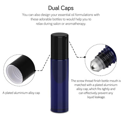 PrettyCare 60 Pack, Bulk 10 ml Essential Oil Roller Bottles with Stainless Steel Roller Ball - Bulk Refillable Leak-proof Empty Thick Blue Glass Roll on Bottles with Black Caps for Travel, Perfume - color: Blue with Black Cap, size: 60 Pack
