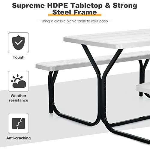COSTWAY Outdoor Picnic Table, HDPE Plastic Picnic Table Bench Set with Weather Resistant Tabletop & Wood Texture, Ideal for Patio, Backyard (59" D x 54" W x 28.5" H,White) - color: White