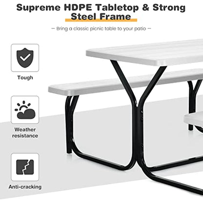 COSTWAY Outdoor Picnic Table, HDPE Plastic Picnic Table Bench Set with Weather Resistant Tabletop & Wood Texture, Ideal for Patio, Backyard (59" D x 54" W x 28.5" H,White) - color: White