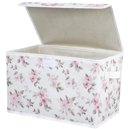 Floral Storage Bins Pink Floral Storage Box with Lid Decorative Collapsible Organizer Boxes with Carrying Handle Flowers Rectangle Fabric Folding Containers for Home Bedroom Closet Shelves - color: Pink Flowers