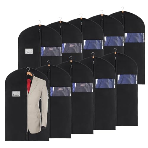 KEEGH 40" Suit Cover Bags for Men (Set of 10) Garment Bags for Hanging Clothes, Suit Bags for Closet Storage or Travel, Clothes Cover for Suits Coats with Clear Window and Label Pocket, Black - size: 40"-10pcs