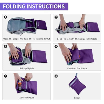 Hiking Backpack 10L/15L Small Daypack Lightweight Packable Travel Foldable Water Resistan for Women Men (Deep Purple, 15L) - color: Deep Purple, size: 15L