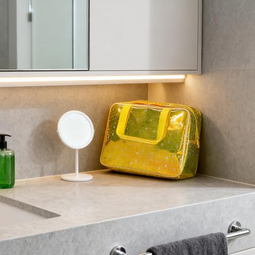 Holographic Yellow Clear Star Large Cosmetic Bag and TPU Travel Pouch with Handle,Durable Material,Zipper Design-Ideal for Makeup,Travel Essentials (Yellow) - color: Yellow