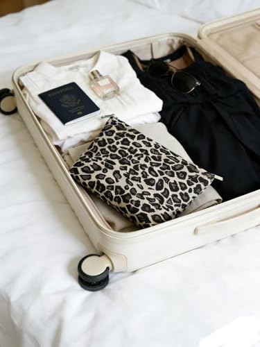 Brown Leopard Canvas Makeup Bag Organizer for Women & Girls - Large Capacity Travel Toiletry Pouch | Purse Organizer Cosmetic Zipper Bag - color: leopard print