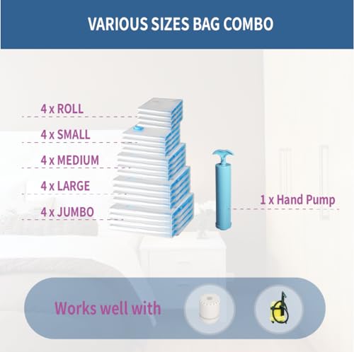 20 Pack Space Saver Vacuum Storage Bags Everyday Set | Vacuum Sealed Compression Bags with Hand Pump, Space Saving for Clothing, Travel, Bedding, Blankets, Comforters, Pillows - size: 20-Pack-H