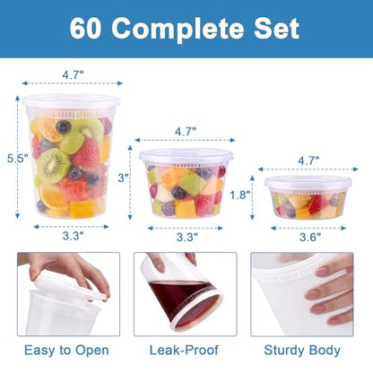 Lamosi 60 Sets Deli Containers with Lids, 8/16/32 oz Quart Containers BPA Free, Airtight Takeout Plastic Food Storage Container, Stackable Leakproof Microwave & Freezer Safe for Soup, Sauce & Leftover