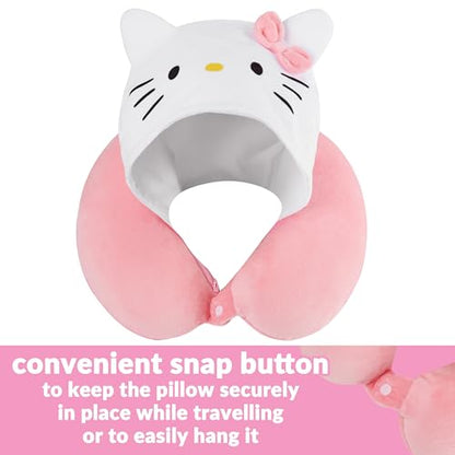 Hello Kitty Girls Teens Travel Pillow with Hood, Memory Foam Cushion Travel Accessories Flight Pillow Neck & Head Support