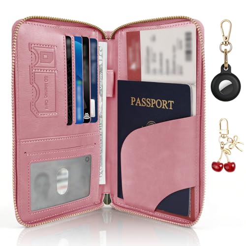 RFID Blocking Passport Wallet, Anti Theft PU Leather Passport Pouch with Tracker Case, Travel Document Organizer Zipper Wallet with Wrist Strap, Gifts for Women and Men (Pink) - color: Leather-Pink