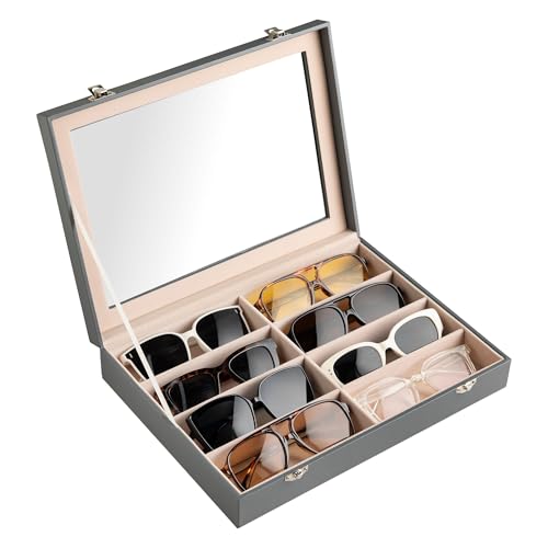 Frebeauty Sunglass Organizer,PU Leather Glasses Organizer,8-Slot Sunglasses Tray with Clear Lid,Men's/Women's Sunglasses Box,Sunglass Case,13.3x9.65x2.48 Inches,Eyeglass/Eyewear Display Tray(Grey) - color: Grey, size: With Lid