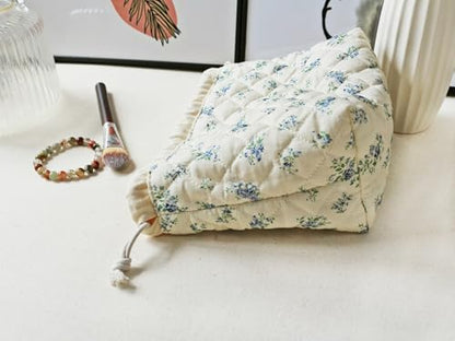 HAPPYHEIDI Large Floral Quilted Cotton Drawstring Makeup Bag Compartment Cosmetic Toiletry Accessory Travel Pouch Purse Organizer, Blue Gourd - color: KJM-Quilted Cotton Pouch with Compartment Set of 1-Blue Gourd