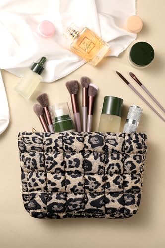 Puffy Quilted Makeup Bag for Women, Cosmetic Bag, Travel Toiletry Organizer Pouch Clutch (Brown Leopard) - color: Brown Leopard