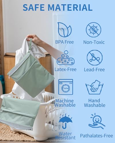 babygoal Wet Dry Bags for Baby Cloth Diapers 3 Pack, Washable Travel Bags, Beach, Pool, Gym Bag for Swimsuits & Wet Clothes with Two Pockets, Snap Handle 3LN32 - color: Olive and bean green & lake blue