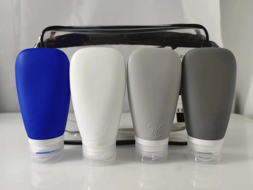 Travel Bottles for Toiletries, TSA Approved 3oz Leak Proof Silicone Refillable Squeeze Travel Size Containers BPA Free for Cleansers, Lotions, Shampoo, Conditioner 4pk With Bag(W,G,Blk,Bl) - color: Blue-Black-White-Gray