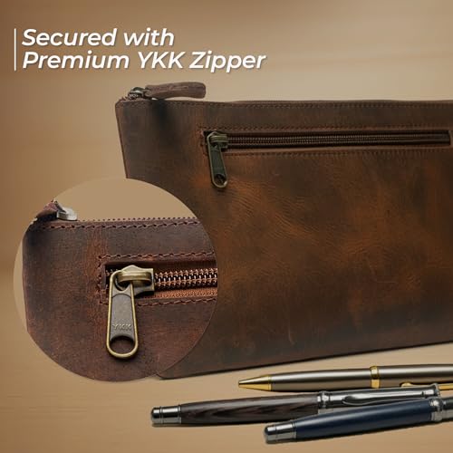 WANDERINGS Genuine Leather Pencil Pouch Case - Large 11" x 6.5" (28 x 16cm) - Hand Crafted Brown Leather Zipper Pouch - Slim Pencil Case Holder for Men and Women - size: Large (11"x6.25")