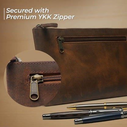 WANDERINGS Genuine Leather Pencil Pouch Case - Large 11" x 6.5" (28 x 16cm) - Hand Crafted Brown Leather Zipper Pouch - Slim Pencil Case Holder for Men and Women - size: Large (11"x6.25")