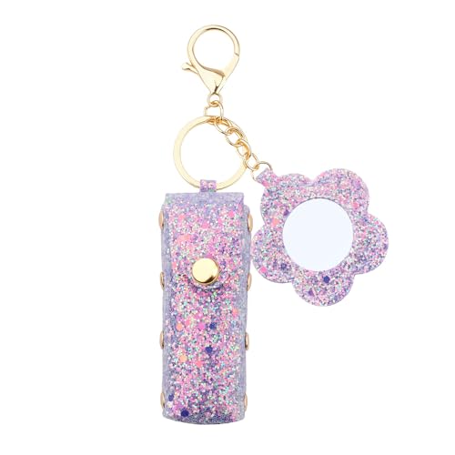 Sisadodo Glitter Lip Oil Holder Key Chains for Woman Lipstick Case with Mirror Lip Balm Keychain for Lipstick Case Keychain - color: Purple-flower