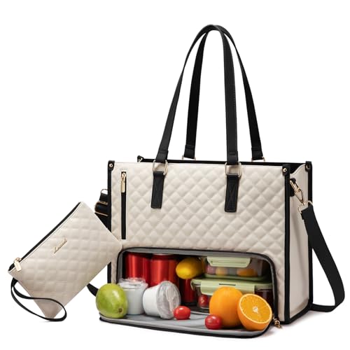 LOVEVOOK Lunch Tote Bag for Women, 15.6 Inch Laptop Bag with Insulated Lunch Compartment, Quilted Large Capacity Computer Handbag with Purse for Business, Work, Collage, Office, Casual, Beige-black - color: Beige-black, size: 15.6 Inch