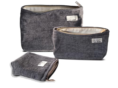 HAPPYHEIDI Gray Velvet Corduroy Makeup Bag Set 3 with Compartment Women Girls Cosmetic Toiletry Pouch,Travel Accessory Organizer, 3-Size, Canvas Lined - color: Velvet Gray Set of 3 - w Compartment