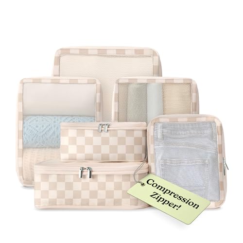 Vandel Space-Saving Compression Packing Cubes for Women, Men, 6-Pack Compressible Carry On Suit Case Organizer Luggage Packing Cubes for Travel Compression Organizer Bags for Luggage, Suitcase Cube - color: 2. Neutral Checker, size: 6 Packing Cubes