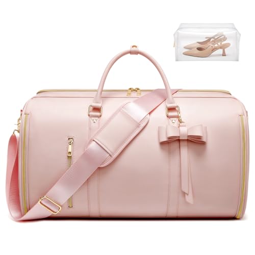 Garment Bags for Travel, Convertible Suit Travel Bag for Women, Fashion & Cute Carry On Garment Bag w/Shoes Pouch, 2 in 1 Foldable PU Leather Hanging Duffle Bag, Single-Zipper Design, Pink - color: Light Pink