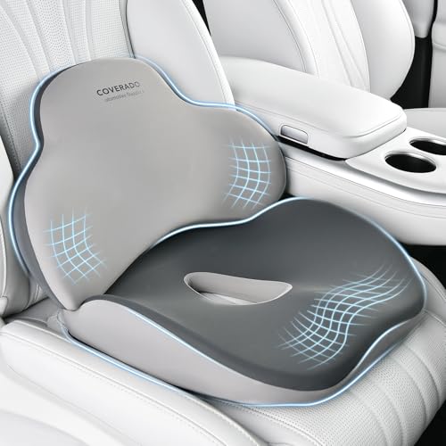 Coverado Car Seat Cushion and Lumbar Support Pillow, Memory Foam Ergonomic Back Support Driving Seat Cushion for Sciatica, Tailbone, Back Pain, Non-Slip Washable Cushion for Car, Driver, Office - color: Gray, size: 2 Pieces
