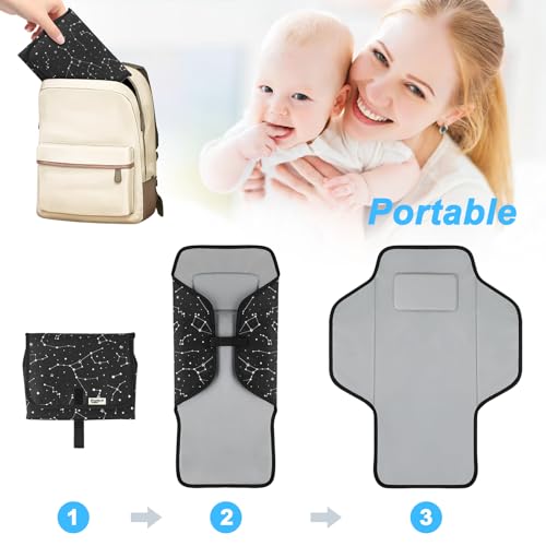 Portable Changing Pad Travel - Waterproof Compact Diaper Changing Mat with Built-in Pillow - Lightweight & Foldable Baby Diaper Changer - color: Black-Star