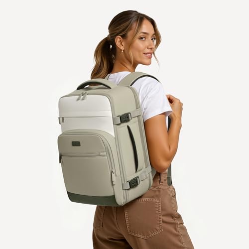 mibasies 30L Travel Backpack for Women & Men: Flight Approved Carry On Backpack, TSA Personal Item Bag with Water Bottle Pocket, Weekender Essentials Backpacks fits 15.6" Laptop - Green White - color: Green White, size: Large