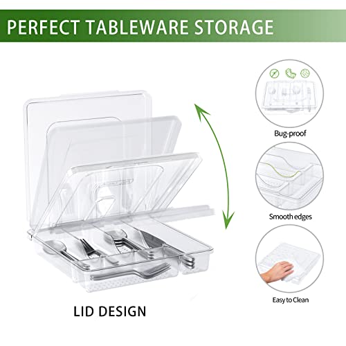 Utensil Holder for Countertop with Lid, Plastic Silverware Tray for Drawer, 5 Compartments Flatware Organizer,Transparent - color: Transparent