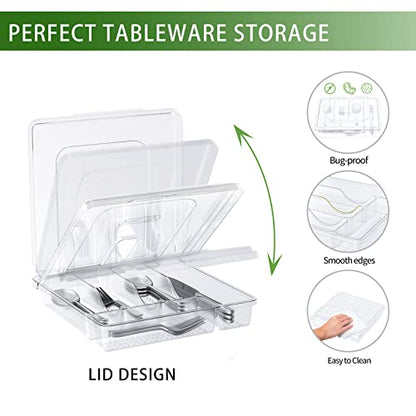 Utensil Holder for Countertop with Lid, Plastic Silverware Tray for Drawer, 5 Compartments Flatware Organizer,Transparent - color: Transparent