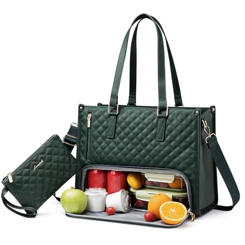 LOVEVOOK Lunch Tote Bag for Women, 15.6 Inch Laptop Bag with Insulated Lunch Compartment, Quilted Large Capacity Computer Handbag with Purse for Business, Work, Nurse, Collage, Office, Casual, Green - color: Green, size: 15.6 Inch