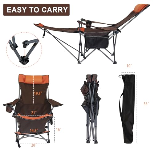 Camping Lounge Chair with Headrest Footrest and Storage Bag, Portable Folding Reclining Camping Chair with Foot Rest for Adults Outdoor Camping Beach Hiking Fishing (Orange Brown)