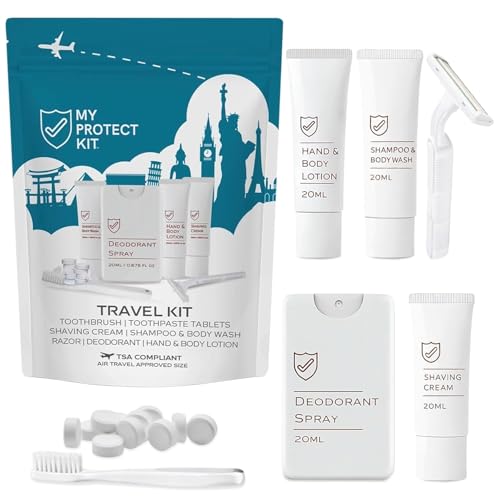 MY PROTECT KIT Travel Kit - 20 Pieces Travel Size Toiletries Set, Toothbrush, Shaver, Toothpaste Tablet, Shampoo & Body Wash, Shaving Cream, Lotion, Deodorant Spray, Pack of 1 - size: Travel Kit (Pack of 1)