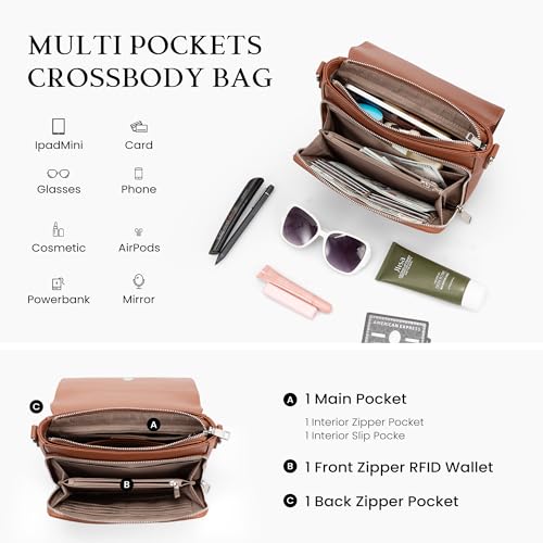 befen Genuine Leather Crossbody Bags for Women Medium Purse with Built in RFID Wallet Womens Soft Cross Body Purse - color: Brown