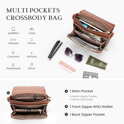 befen Genuine Leather Crossbody Bags for Women Medium Purse with Built in RFID Wallet Womens Soft Cross Body Purse - color: Brown