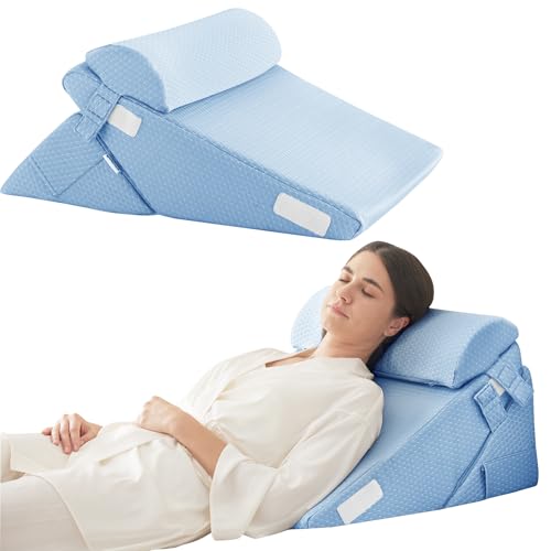 Bedluxe 3Pcs Orthopedic Bed Wedge Pillow Set, Foam Wedge Pillow Post Surgery for Back, Leg and Knee Support, Adjustable 9&12 Inch Folding Triangle Pillow for Sleeping, Acid Reflux, Snoring, Light Blue - color: Light Blue, size: Adjustable 9&12 Inch + 1 He