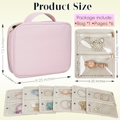 Travel Jewelry Organizer Case,Small Jewelry Bags for Traveling, Jewelry Binder with 24 Pcs Clear Zipper Velvet Pouches (Pink) - color: Pink