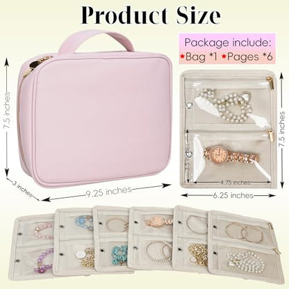 Travel Jewelry Organizer Case,Small Jewelry Bags for Traveling, Jewelry Binder with 24 Pcs Clear Zipper Velvet Pouches (Pink) - color: Pink