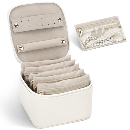 DesignSter Small Jewelry Box, Travel Small Jewelry Organizer with Earring Tray and Ring Holder, Square Travel Jewelry Storage Case with 6 Velvet Jewelry Pouches, Beige - color: Beige