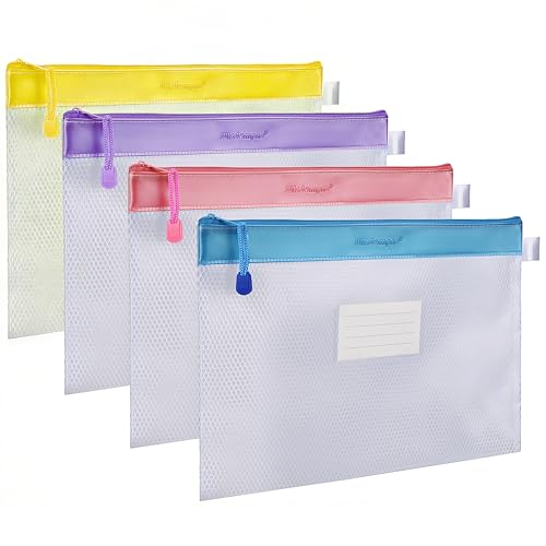 Wisdompro Zipper Pouch, 4 Packs Durable Letter Size Waterproof Mesh File Bag, Document Organizer - Blue/Purple/Yellow/Pink - color: Blue/Purple/Yellow/Pink