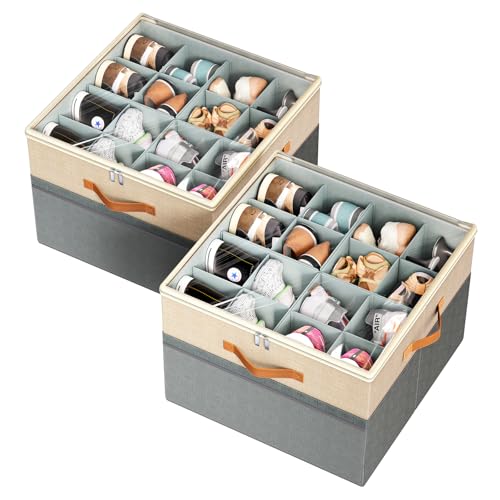 Shoe Organizer for Closet, 2 Pack Foldable Shoe Storage Organizer Box Bin with Adjustable Dividers and Clear Cover, Fits up to 16-32 Pairs（Grey&Beige） - color: Grey with Beige