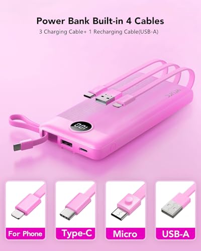 VRURC Portable Charger, Built-in 4 Cables Power Bank 10000mAh, Lightweight USB C Portable Phone Charger, 5 Output 2 Input Compatible with Smart Phones,Samsung,Android etc-Purple(1 Pack) - color: Purple