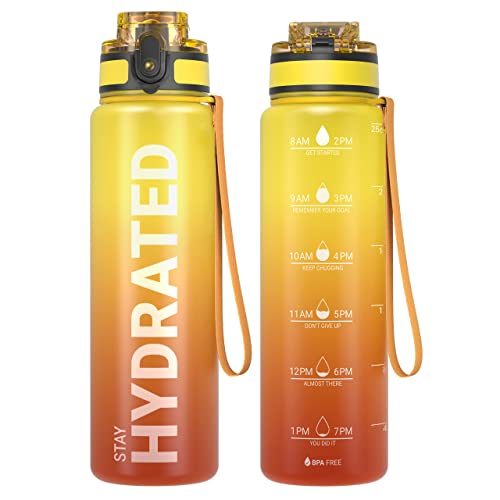 Sahara Sailor Water Bottle, 32/25/17oz Durable and Leakproof Water Bottles Motivational with Time Marker, Tritan, BPA Free, Wide Mouth with Easy Clean Brush for Gym, Travel, School, Office (1 Bottle) - color: Fire, size: 25.4 Ounces